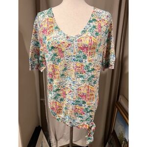 Talbots‎ Women's V Neck Shirt With Waist Tie Buildings And Sailboat Pattern